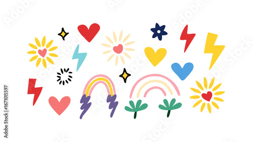 Colorful hearts lightning bolts flowers and rainbows stars