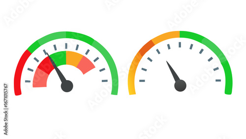 Colorful speedometers with red green and yellow gauges scale indicator