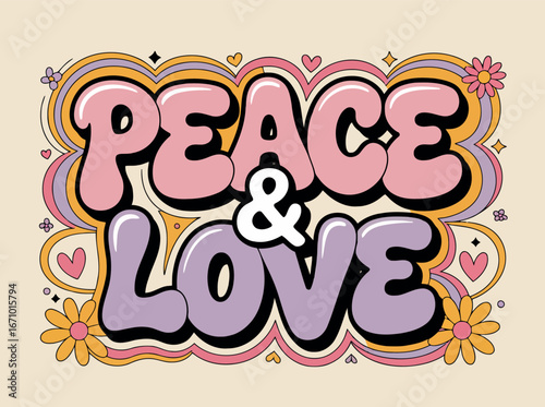 This vibrant graphic radiates a groovy, retro aesthetic with its bold, bubbly typography proclaiming "Peace & Love." 
