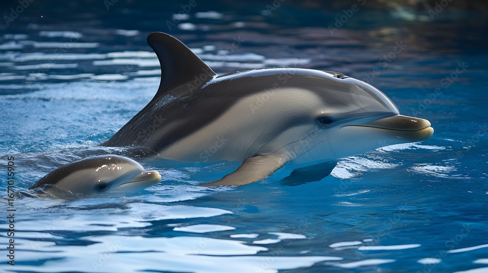 Naklejka premium Mother Dolphin and Calf Swimming in Ocean Water