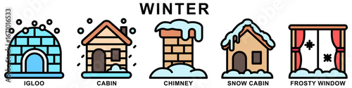 Winter outline color icons set. contain igloo, cabin, chimney, snow cabin, frosty window and more. Vector for modern concept digital or print, car service, auto garage UI, UX, web and app development.