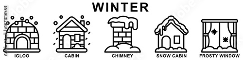 Winter outline icons set. contain igloo, cabin, chimney, snow cabin, frosty window and more. Vector for modern concept digital or print, car service, auto garage UI, UX, web and app development.