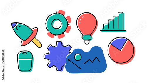 Creative office doodles with teal coral and blue elements