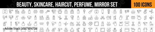Beauty, Skincare, Mirror, Haircut Related Line Icon Collection. Editable Stroke. Perfect for Graphics, Designs, Books, Adverts, Apps