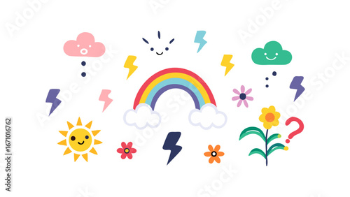 Cute weather elements and flowers with a rainbow clouds lightning