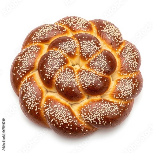 Golden braided challah bread with sesame seeds