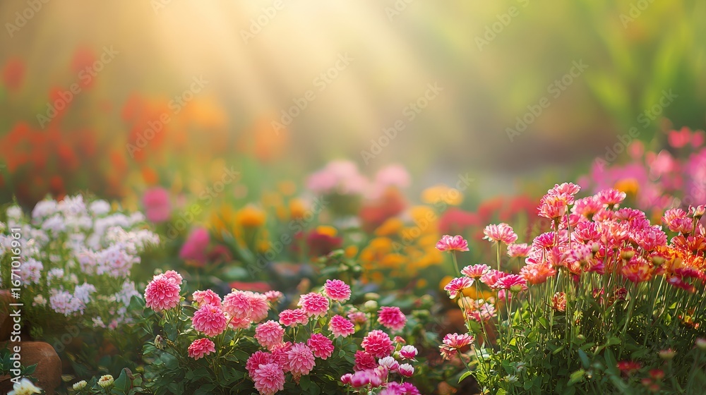Obraz premium Dreamy lush garden with vibrant flowers in warm summer sunlight, soft focus natural background with shallow depth of field, serene outdoor scene
