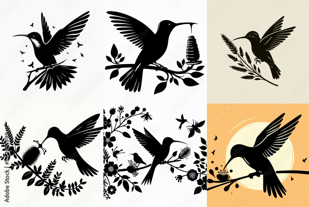 Obraz premium vector illustration set of birds sucking honey