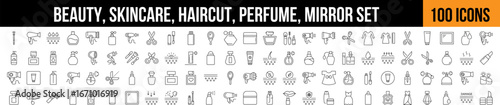 Beauty, Skincare, Mirror, Haircut Outline Icon Collection. Editable Stroke. Perfect for Graphics, Designs, Books, Adverts, Apps