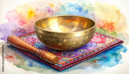 Golden singing bowl on patterned cloth