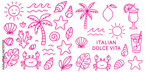 Summer vacation doodle illustration set. Beach and sea travel elements. Hand drawn palm tree, fruit, lobster, seafood, shell, bikini, cocktail. Coastal collection for card, prints, wedding invitation.