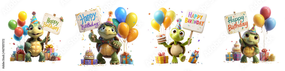 Naklejka premium Delightful turtle characters celebrating a fun birthday party with cake, balloons, and gifts, creating a heartwarming and joyful atmosphere perfect for festive designs and children's celebrations
