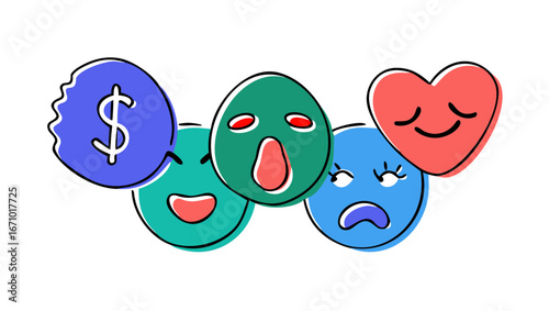 Expressive doodle faces with dollar sign and heart emotions
