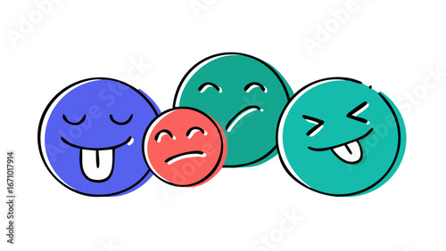 Four cartoon emoji faces with different expressions illustration blue