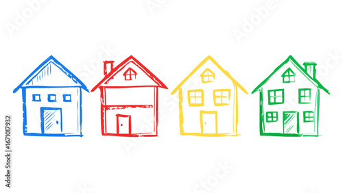 Four colorful hand drawn houses blue house red house