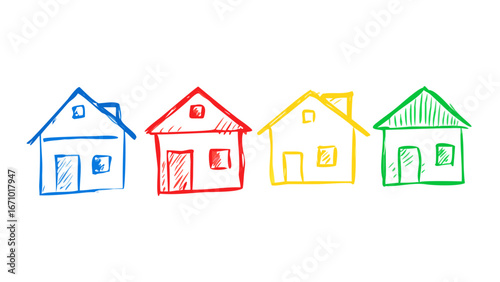 Four colorful hand drawn houses home building