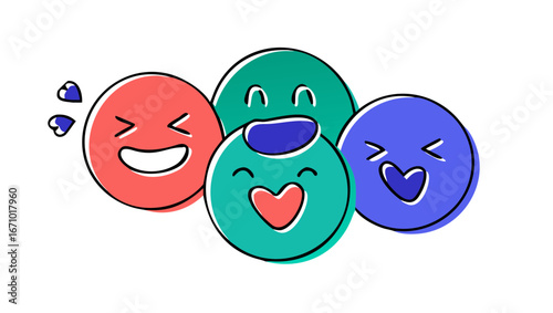 Four happy doodle faces in vibrant colors smiling cheerful
