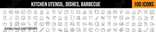 Kitchen Utensil, Dishes, Barbecue Picture Collection. Editable Stroke. Perfect for Graphics, Designs, Books, Adverts, Apps