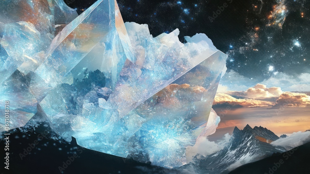 Fototapeta premium A surreal landscape featuring large, translucent crystals against a cosmic backdrop.