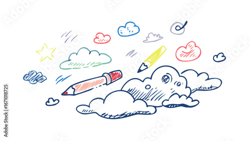 Hand drawn crayon clouds and pencils drawing sketch
