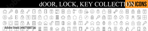 Door with Lock and Key Simple Icon Collection. Editable Stroke. Perfect for Graphics, Designs, Books, Adverts, Apps