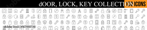 Door with Lock and Key Line Icon Collection. Editable Stroke. Perfect for Graphics, Designs, Books, Adverts, Apps