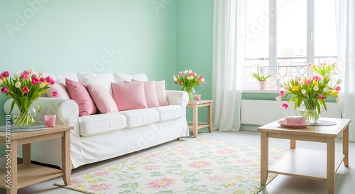 Cozy Living Room with Fresh Flowers and Pastel Colors.