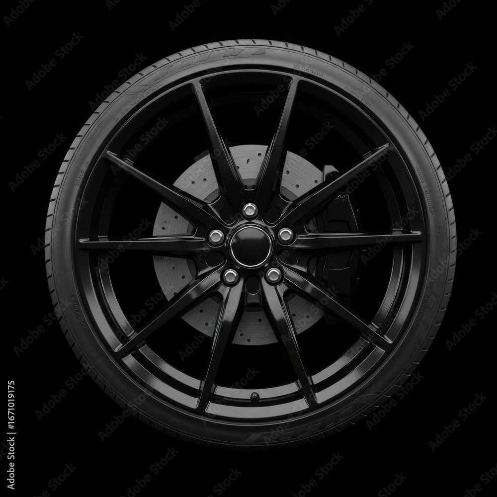 Obraz premium Sleek black alloy wheel with performance brakes