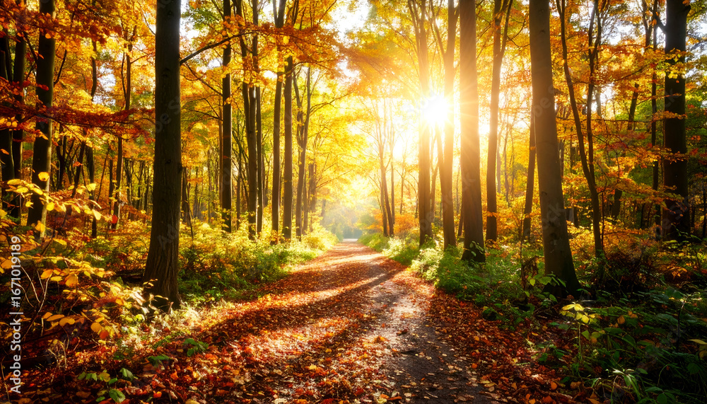 Obraz premium Sunlit Autumn Forest Pathway