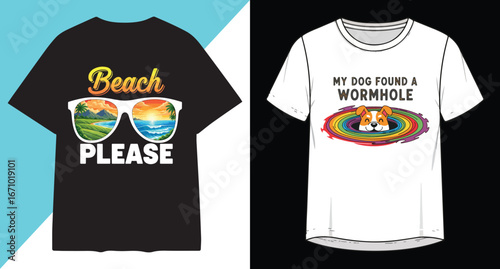 Two graphic t-shirts one black with beach sunglasses and text and one white with food graphic and text