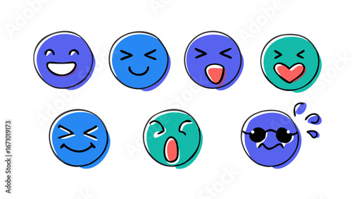 Hand drawn emoji faces with varied expressions and colors emotions cartoon