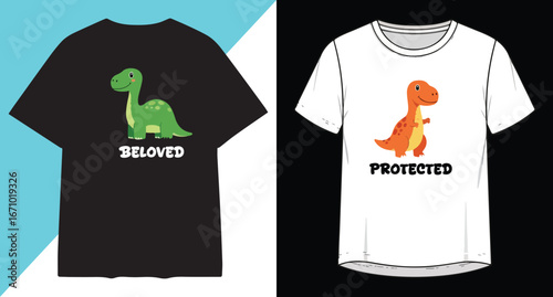 Cute dinosaur graphic t-shirt design featuring a green and orange dinosaur character for apparel