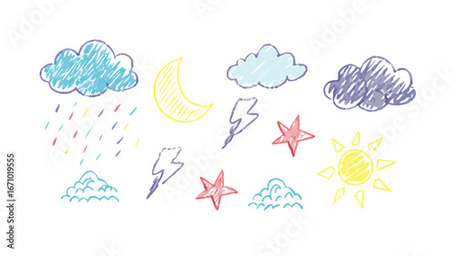Hand drawn weather elements crayon texture clouds moon