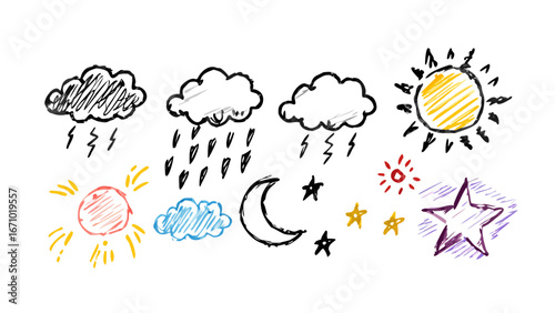 Hand drawn weather icons sun clouds rain lightning stars vector