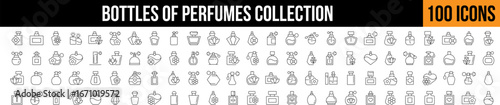  Various Bottles of Perfume Outline Image Collection. Editable Stroke. Perfect for Graphics, Designs, Books, Adverts, Apps