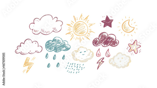 Hand Drawn Weather Icons Sun Moon Clouds Rain Lightning Stars vintage retro
