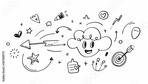 Happy cloud with arrows stars hearts and target doodle icons