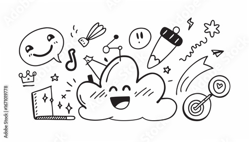 Happy cloud with pencil and music notes smiling
