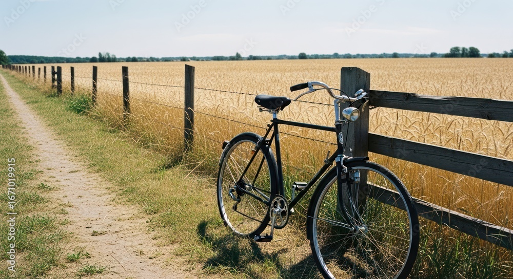 Fototapeta premium Bicycle rests against fence beside path, field of wheat in background, sunny day