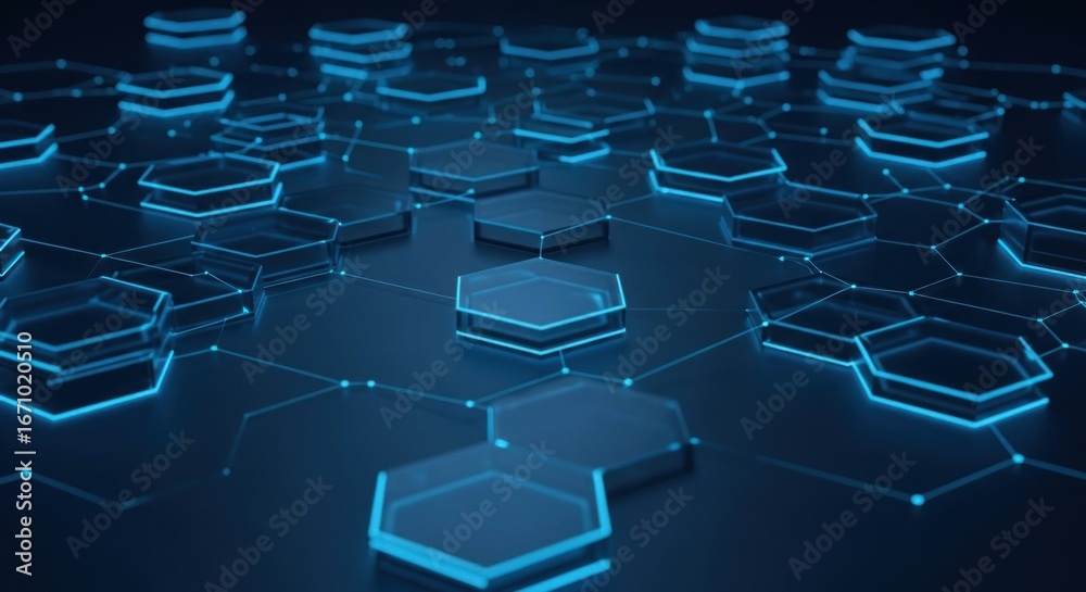 Fototapeta premium Blue hexagonal network with glowing edges and interconnecting lines