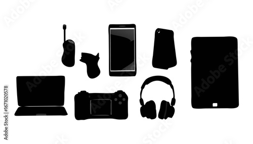 Modern gaming console and controller silhouette video game entertainment