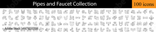 Faucet and Pipes Outline Icon Collection. Editable Stroke. Perfect for Graphics, Designs, Books, Adverts, Apps