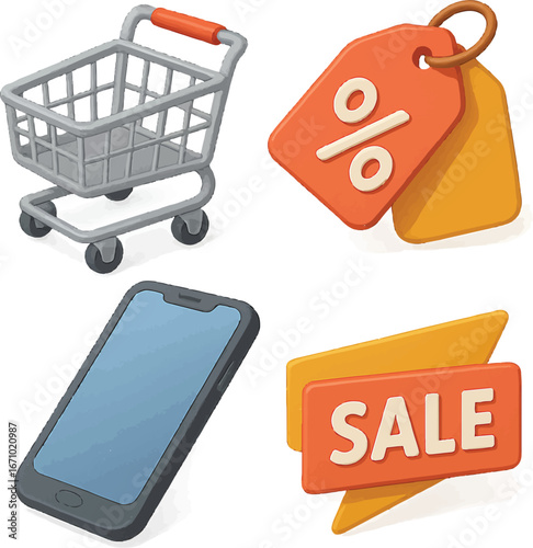 Shopping cart, sale tag, phone, and sale banner illustrations for online shopping and promotions