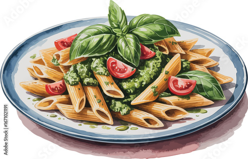  a plate of penne pasta tossed with green pesto, cherry tomatoes, and fresh basil leaves. 