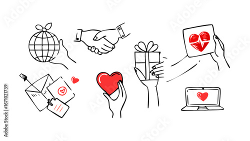 Red hearts with doodle style love symbol