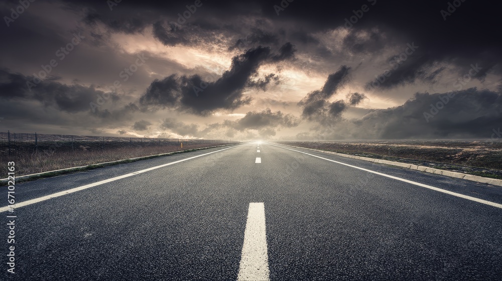 Fototapeta premium Expansive empty roadway stretching under moody overcast sky with long perspective and atmospheric depth, natural diffused lighting landscape concept