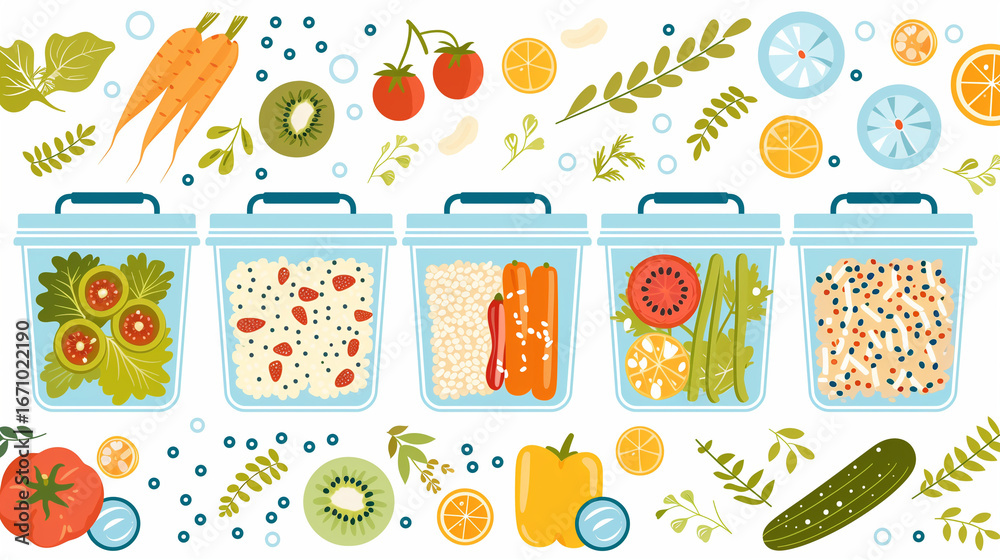Flat vector illustration of healthy meal prep with colorful vegetables, grains, and fruits Flat vector illustration of healthy meal prep with colorful vegetables, grains, and fruits