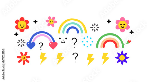 Smiling flowers lightning bolts and rainbows hearts blue dots