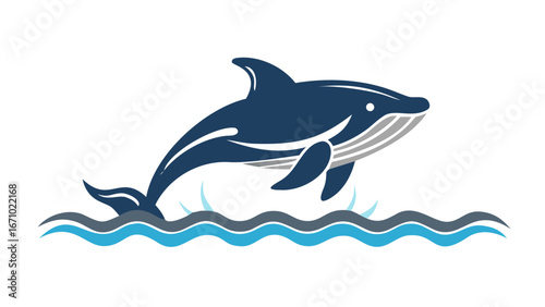 Stylized Blue Whale Breaching Through Waves ocean water
