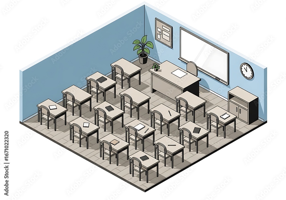 Obraz premium Isometric classroom arrangement showcasing empty desks in a scholastic setting